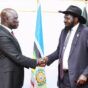 President Salva Kiir shakes hands with his new presidential affirs minister Chol Ajongo Mawut on Aigust 23, 2024