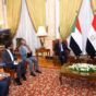 Egypt's Foreign Minister Badr Abdel-Aty (L) received his Sudanese counterpart Hussein Awad ahead of the Arab League meeting on Tuesday